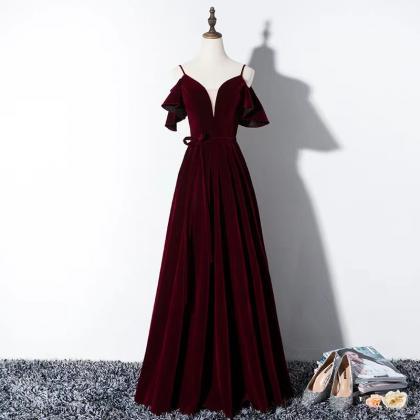Red Strap Temperament Dress, Velvet Noble Prom..