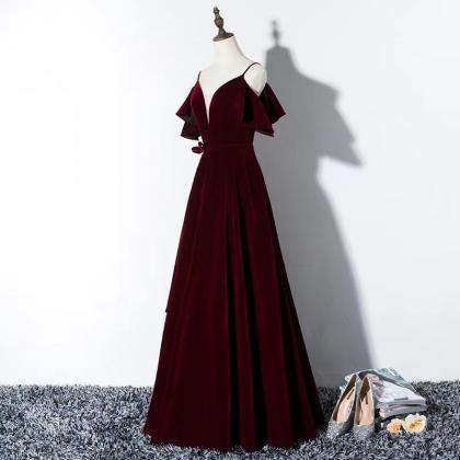 Red Strap Temperament Dress, Velvet Noble Prom..