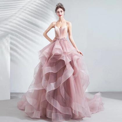 Pink Bridal Gown, Spaghetti Strap Party Dress