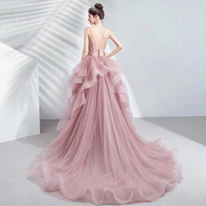 Pink Bridal Gown, Spaghetti Strap Party Dress