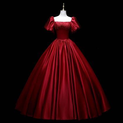 Red Satin Evening Dress, Bubble-sleeve Prom Gown,..