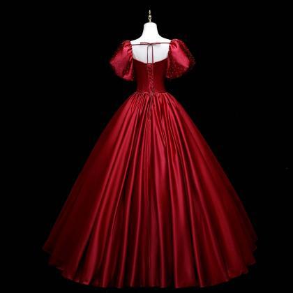 Red Satin Evening Dress, Bubble-sleeve Prom Gown,..
