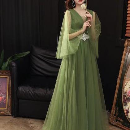 V-neck Evening Dress, Long Green Prom Dress,fresh..