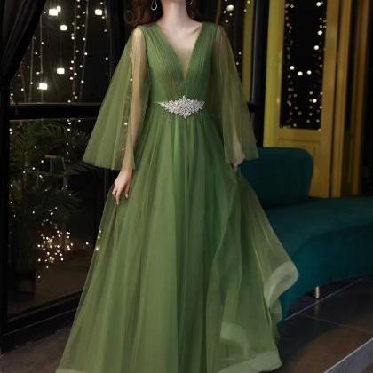 V-neck Evening Dress, Long Green Prom Dress,fresh..