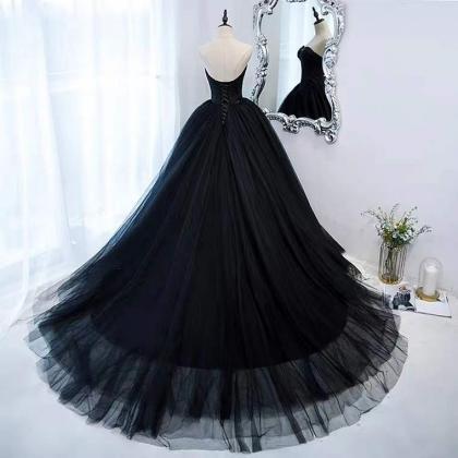 Black Strapless Evening Dress, Light Luxury Party..