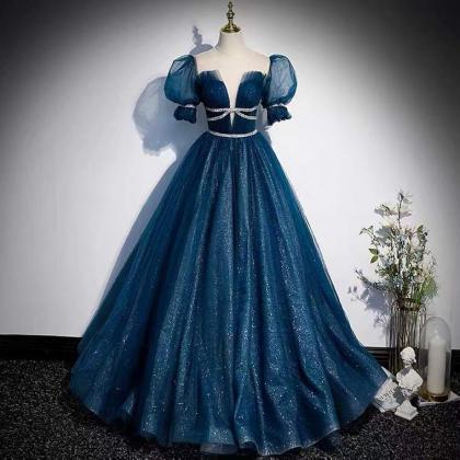 Bubble Sleeve Evening Dress ,class Sense Blue..