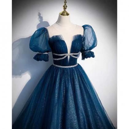 Bubble Sleeve Evening Dress ,class Sense Blue..