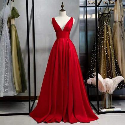 Red Dress, V-neck Prom Dress, Long Class Evening..