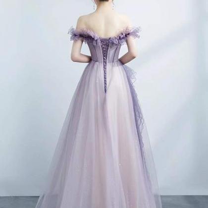 Purple off shoulder prom gown, star..