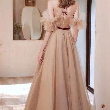 Champagne Beaded Prom Dress, Off Shoulder Fairy..