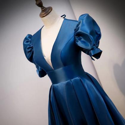 Blue Temperament Prom Dress, Bubble Sleeve Satin..