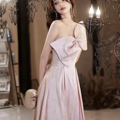 Pink Party Dress,one - Shoulder Evening Dress,..