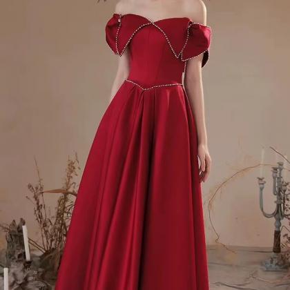Satin Burgundy Prom Gown, Cute Off Shoulder Beaded..