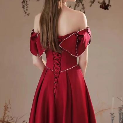 Satin Burgundy Prom Gown, Cute Off Shoulder Beaded..