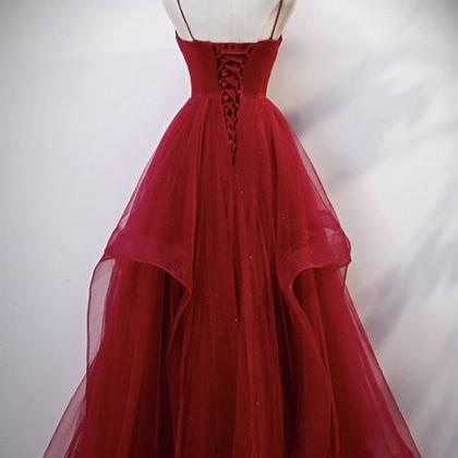 Burgundy Tulle Prom Gown,sexy Spaghetti Strap..