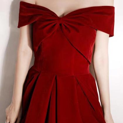 Red Velvet Prom Gown, Off Shoulder Evening..