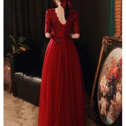 Burgundy Prom Dress, V-neck Evening Dress,mid..