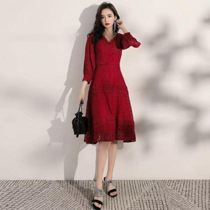 V-neck Burgundy Dress, Lace Red Dress,long Sleeve..