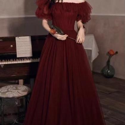 Burgundy Prom Dress, Fairy Party Dress, Long Chic..