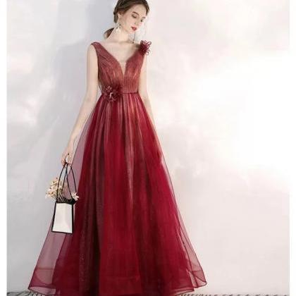 Burgundy Prom Dress, Fairy Party Dress,v Neck Chic..
