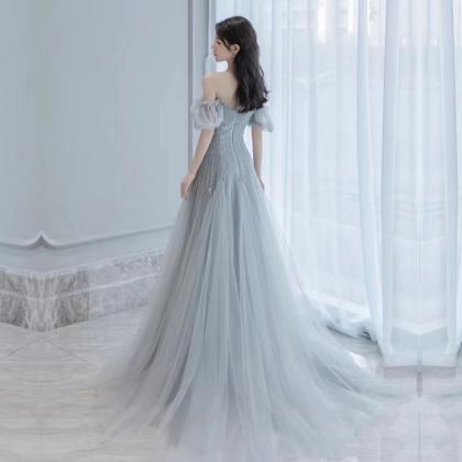 Silver-gray Prom Gown, Off Shoulder Fairy Trailing..