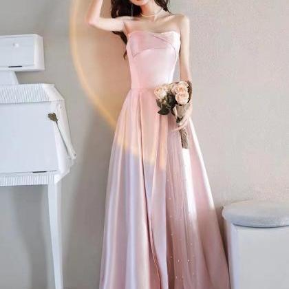 Pink Evening Dress, Strapless Bridesmaid Dress..