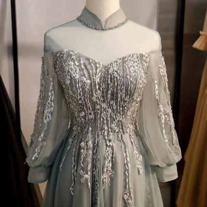 High Collar Bridesmaid Dress , Gray Formal..
