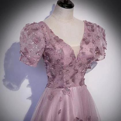 Pink Evening Dress, High Grade Fairy Dress, V-neck..