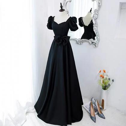Satin Prom Gown, Black Prom Dress,v-neck ,formal..
