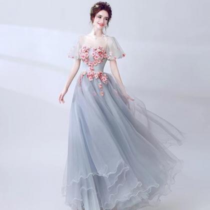 Princess Charming Prom Gown, Grey Blue Party Dress..
