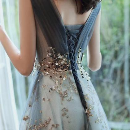Gray Blue Prom Dresses, Sleevless Evening Dresses,..