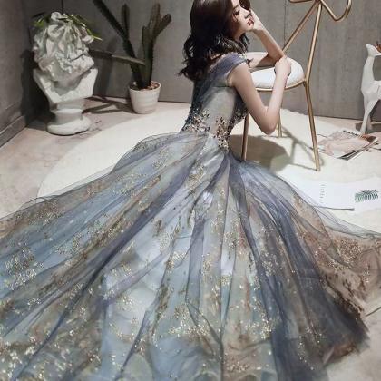 Gray Blue Prom Dresses, Sleevless Evening Dresses,..