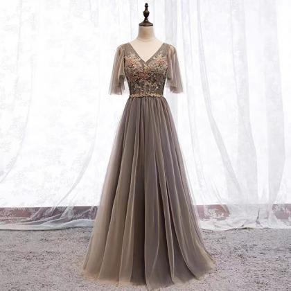 V-neck Prom Dress, Dark Grey Evening Dress,elegant..