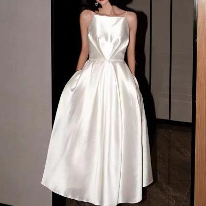 White Evening Dress, Satin Prom Dress,backless..