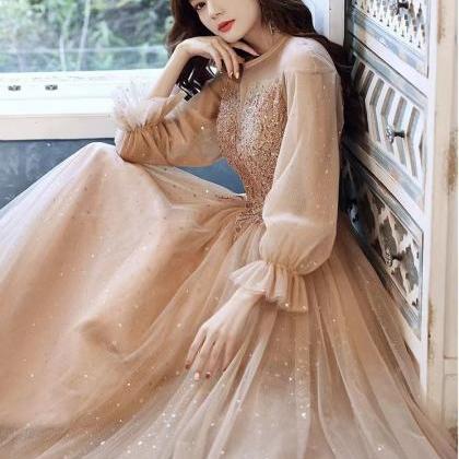 Long Sleeve Party Dress,champagne Prom Dress,fairy..