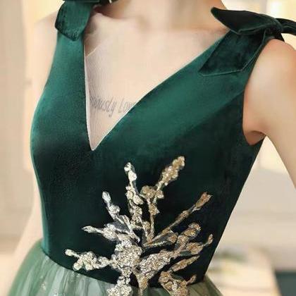 Green Evening Dress, V-neck Prom Dress,cute Party..