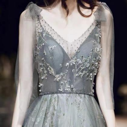 V-neck Evening Dress, Fairy Party Dress,gray Prom..