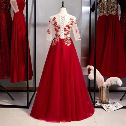 Red Dress,mid Sleeve Formal Dress ,chic Prom Dress..