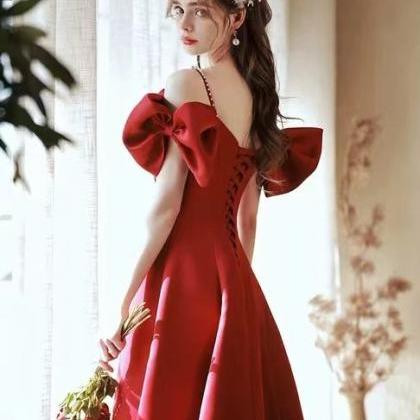 High Quality Satin Dress, Red Evening Dress, Off..