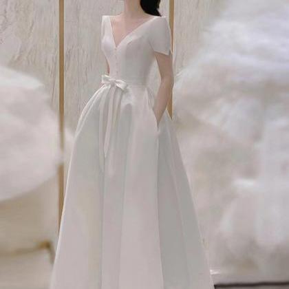 French Light Wedding Dress White Satin Evening..