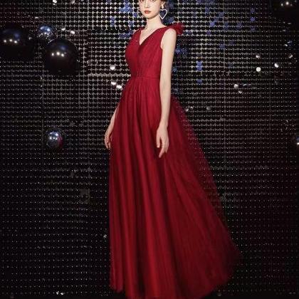 Long Red Evening Dress, Sexy V-neck Simple Dress..