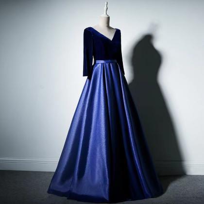 Long Sleeve Evening Dress, Blue Prom Dress, Formal..