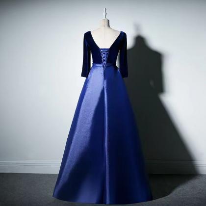 Long Sleeve Evening Dress, Blue Prom Dress, Formal..