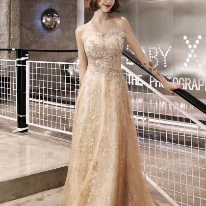 Strapless Evening Dress, Gold Prom Dress, Sequin..
