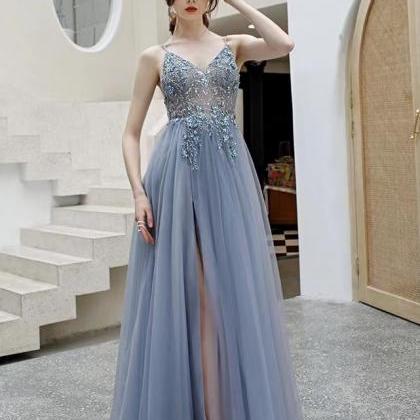 Blue Prom Dress,spaghetti Stap Party Dress,sexy..