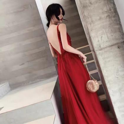 V-neck party dress,red prom dress,s..