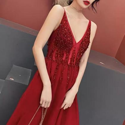 V-neck party dress,red prom dress,s..