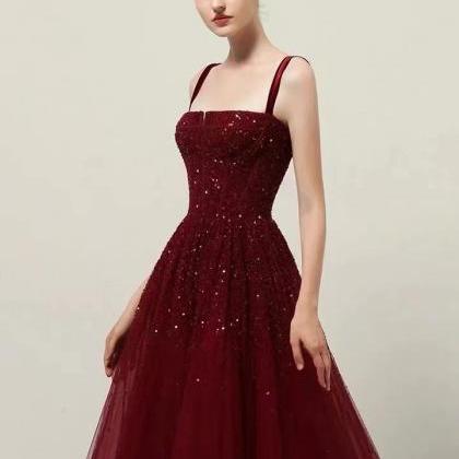 Spatghetti Strap Party Dress,burgundy Prom..