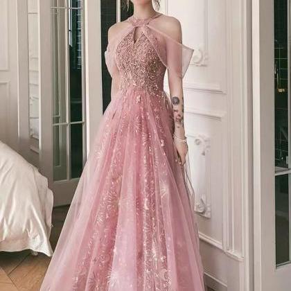 Pink Party Dress,halter Neck Prom Dress,sweet..