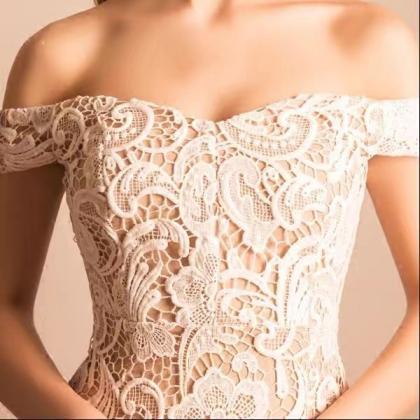 White lace dress, off shoulder part..